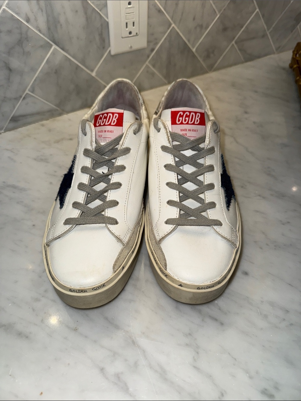 Golden Goose White Leather Sneakers with dark denim Star and Gray Accents